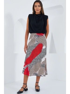 Kırmızı Siyah Desenli Saten Etek 15806