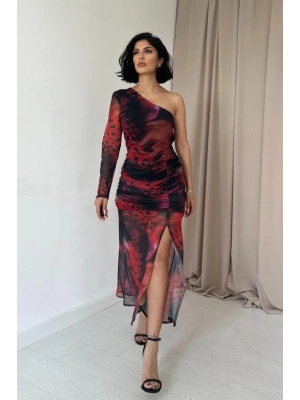 Kırmızı Tek Omuzlu Tül Elbise