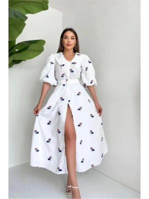 Kırmızı Yakası Çiçek otifli Kemerli Elbise