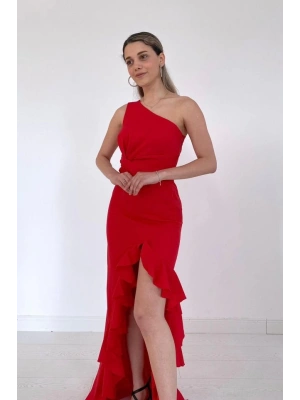 Kırmızı Yırtmaçlı Volanlı Elbise