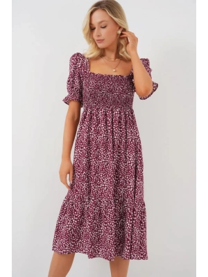 Kısa Kol Çiçekli Elbise 2556  Bordo