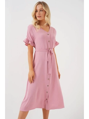 Kısa Kol Düğmeli Elbise 2555  Pudra