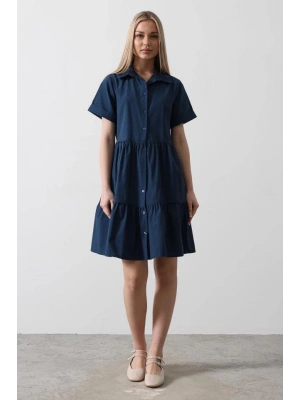 Kısa Kol Düğmeli Elbise  İndigo