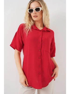 Kısa Kol Keten Görünümlü Gömlek 203  Kırmızı