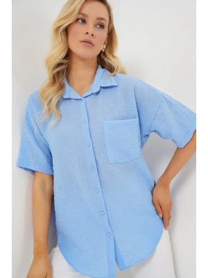 Kısa Kol Keten Görünümlü Gömlek 203  Mavi