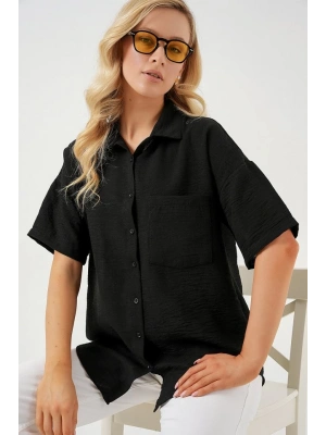 Kısa Kol Keten Görünümlü Gömlek 203  Siyah