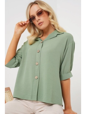 Kısa Kol Oversize Keten Gömlek 202  Çağla
