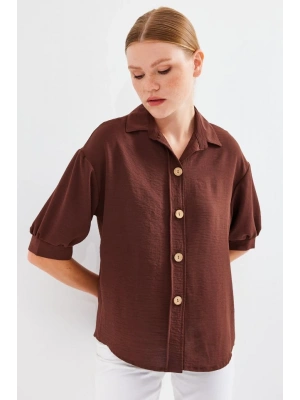 Kısa Kol Oversize Keten Gömlek 202  Kahverengi