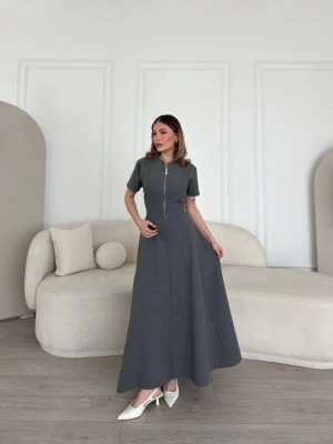 Kısa Kollu Önden Fermuarlı Çan Etekli Uzun Elbise  Antrasit