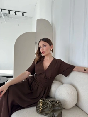 Kısa Kollu Uzun Elbise  Kahve