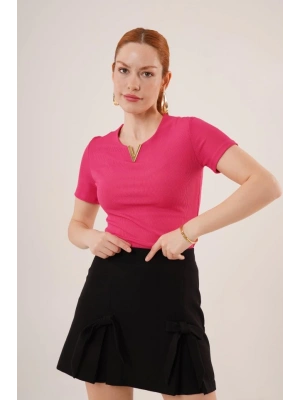 Kısa Kollu Yaka Detaylı Kaşkorse Fuşya Bluz