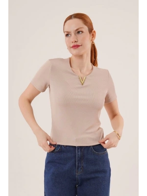 Kısa Kollu Yaka Detaylı Kaşkorse Taş Bluz