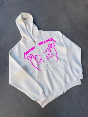 Kışlık Baskılı Fermuarlı Kapüşonlu Hırka  Beyaz