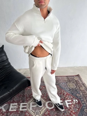 Kışlık Yarım Fermuarlı Üç İplik Eşofman Takım  Beyaz
