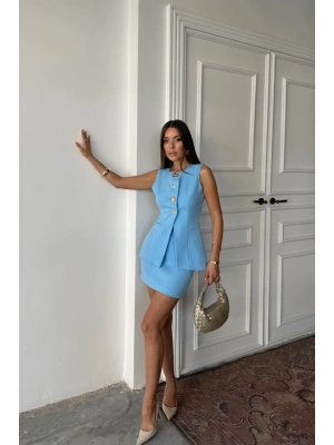 KLAİK GOLD DÜĞMELİ YELEK  KIA ETEK TAKIM  Mavi