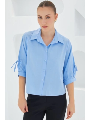 Kol Detaylı Mavi Crop Gömlek 20246