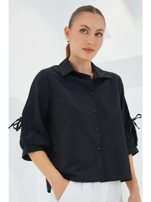 Kol Detaylı Siyah Crop Gömlek 20246