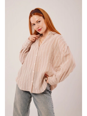 Kol Düğmeli Çizgili Bej Gömlek
