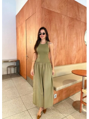 Kolsuz Uzun Elbise  Haki