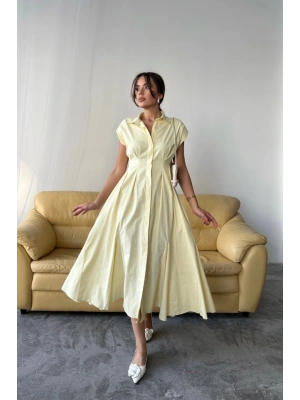 KOLSUZ VATKALI ÖNDEN DÜĞELİBEL PENS DETAYLI POPLİN ELBİSE  Sarı