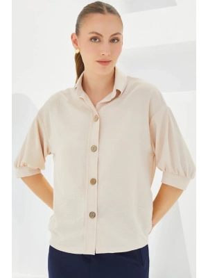 Krem Kısa Kol Oversize Keten Gömlek 202