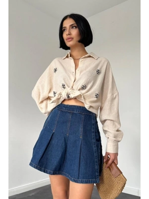 Krem Taş İşlemeli Gömlek
