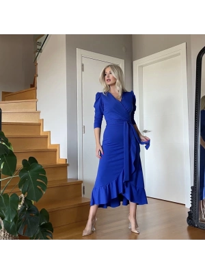 Krep Kumaş Midi Boy Kuşaklı Uzunkol Elbise