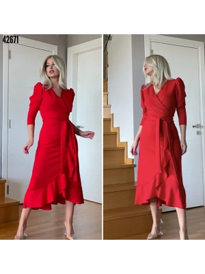 Krep Kumaş Midi Boy Kuşaklı Uzunkol Elbise