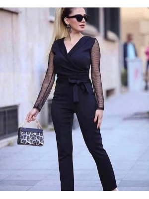 Krep Kumaş Kol Tül Puan Detaylı Kuşaklı Tulum 141 Cm