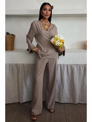 Kruvaze odel Klasik Pantolonlu Çupra Keten Takım 10191