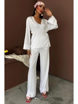 Kruvaze odel Klasik Pantolonlu Çupra Keten Takım 10191