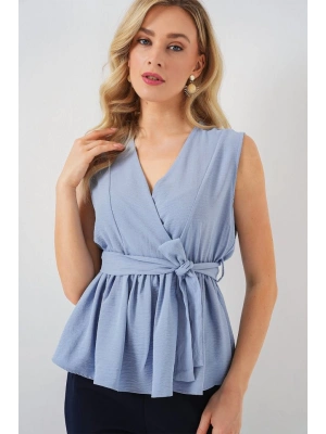 Kruvaze Yaka Kolsuz Bluz 966  Mavi