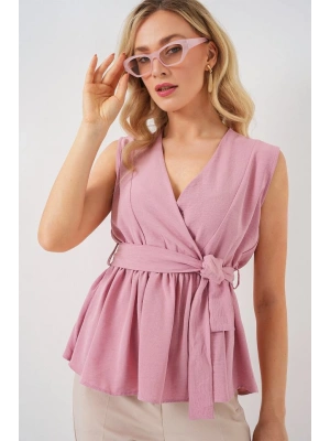 Kruvaze Yaka Kolsuz Bluz 966  Pudra