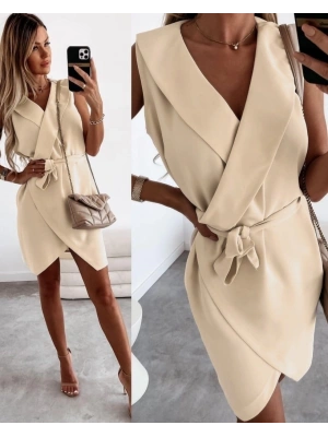 Kruvaze Yaka Kuşaklı Krep Kumaş Elbise