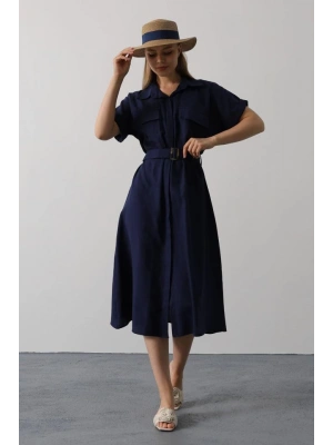 Kuşaklı Cep Detaylı Yarım Kol Elbise  Lacivert