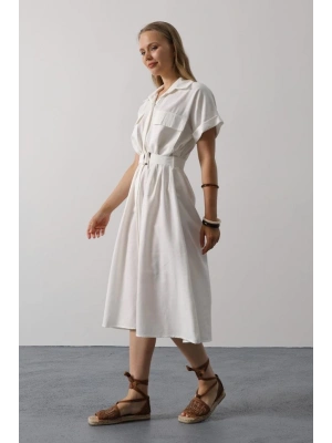 Kuşaklı Cep Detaylı Yarım Kol Elbise  Beyaz