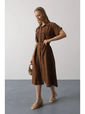 Kuşaklı Cep Detaylı Yarım Kol Elbise  Kahve