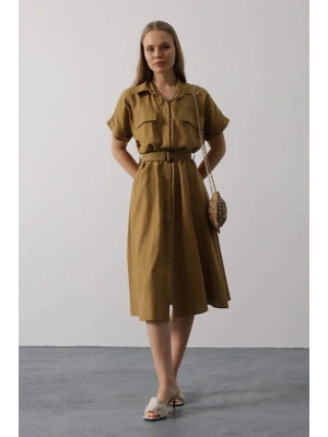 Kuşaklı Cep Detaylı Yarım Kol Elbise  Yağ Yeşili