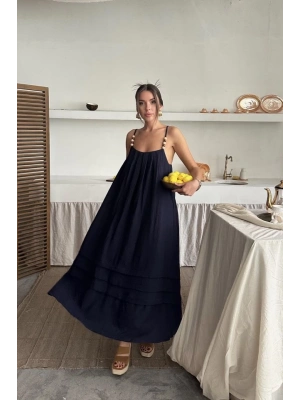 Lacivert Askılı üslin Elbise