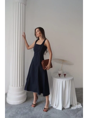 Lacivert Çift Dikişli Gabardin Elbise