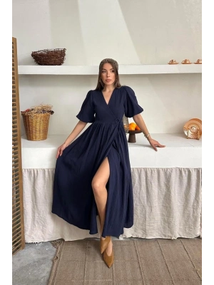 Lacivert Müslin Uzun Elbise