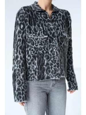 Leopar Desen Jakarlı Hırka  SiyahAçık Gri