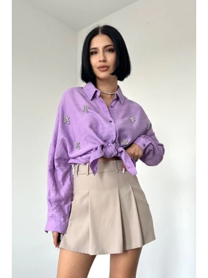 Lila Kristal Taşlı Gömlek