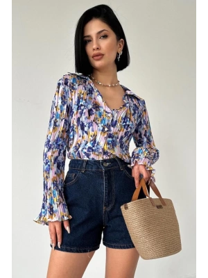 Lila Piliseli Çiçek Desen Gömlek