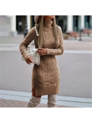 Loren Yünlü Motifli Midi Boy Triko Elbise (bisküvi)