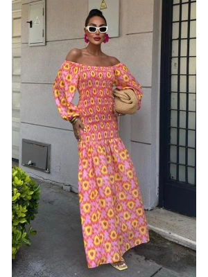 Madonna Yaka Gipe Detaylı Desenli Elbise 2746