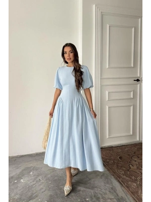 Mavi Arkadan Bağlamalı Büzgülü Keten Elbise