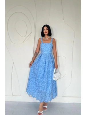 Mavi Askılı Aparatlı Brode Elbise