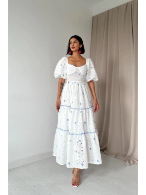 Mavi Dantel Detaylı Brode Elbise