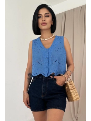 Mavi ıfır Kol Brode Bluz